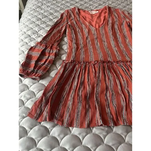 Showpo Mini Drop Waist Dress Sz 4 Autumn Colors Stripes V-neck - Picture 2 of 4